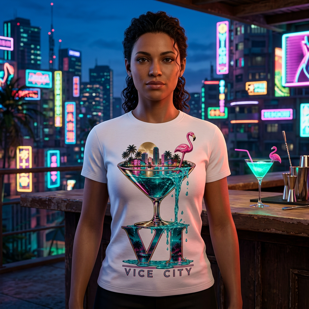City In A Glass T-shirt — worn in game-style scene