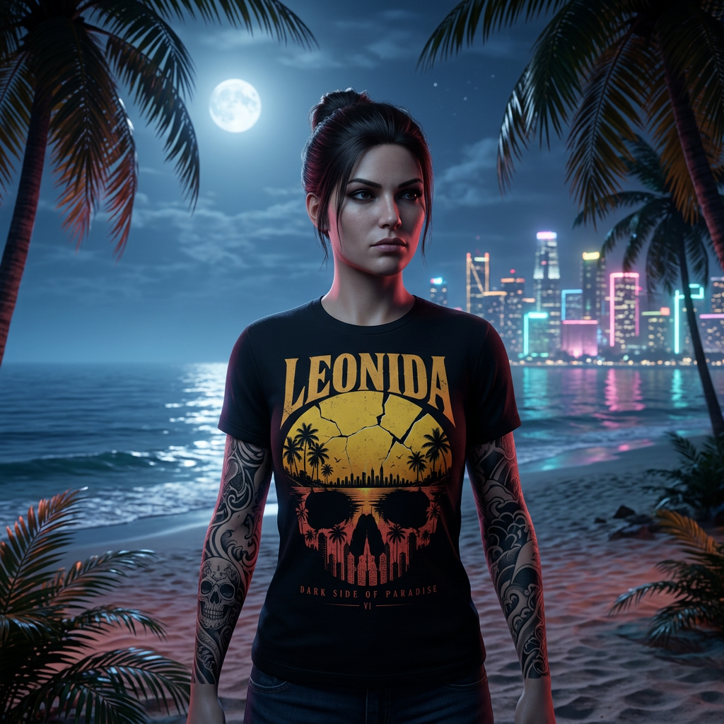 Dark Side Paradise T-shirt — worn in game-style scene