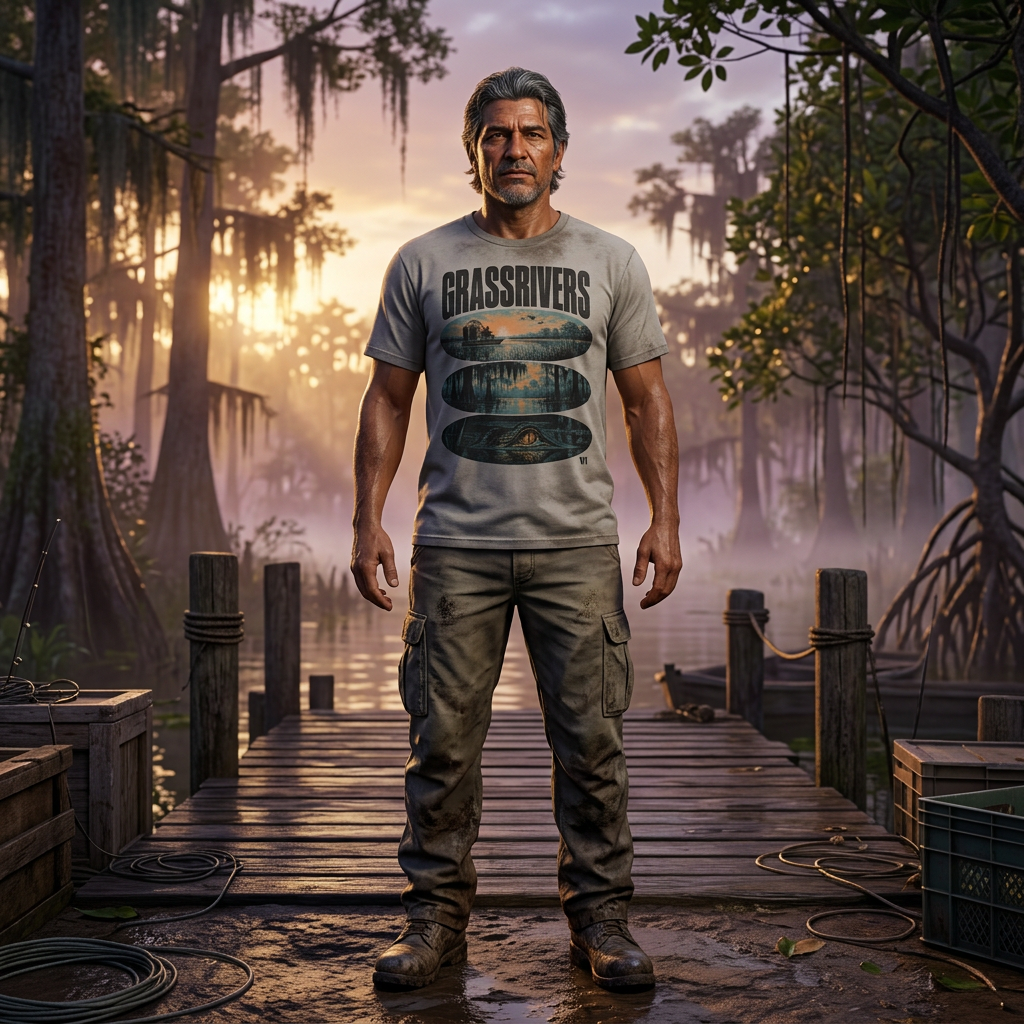 Grassrivers Waterline T-shirt — worn in game-style scene
