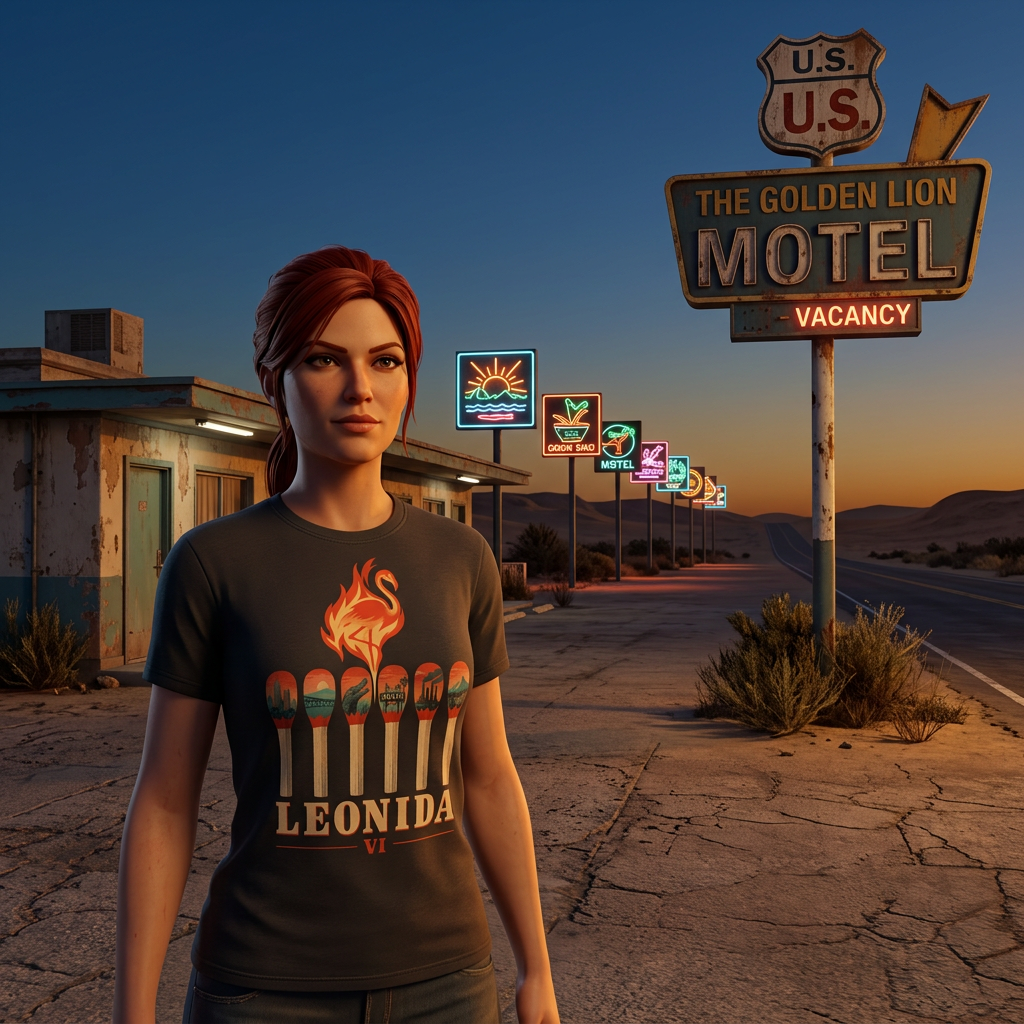 Six Matches T-shirt — worn in game-style scene