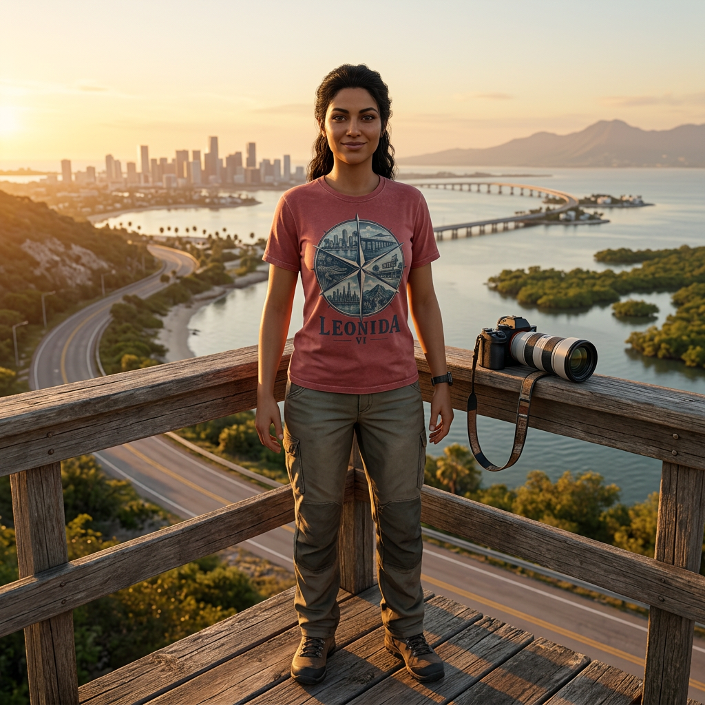 Leonida Six Region Compass T-shirt — worn in game-style scene