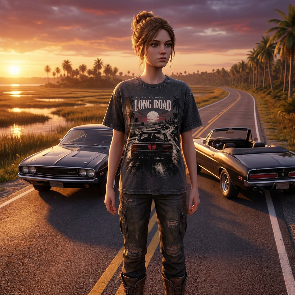 Long Road T-shirt — worn in game-style scene