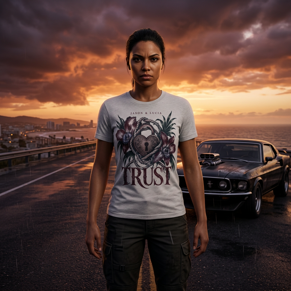 Trust Knot T-shirt — worn in game-style scene