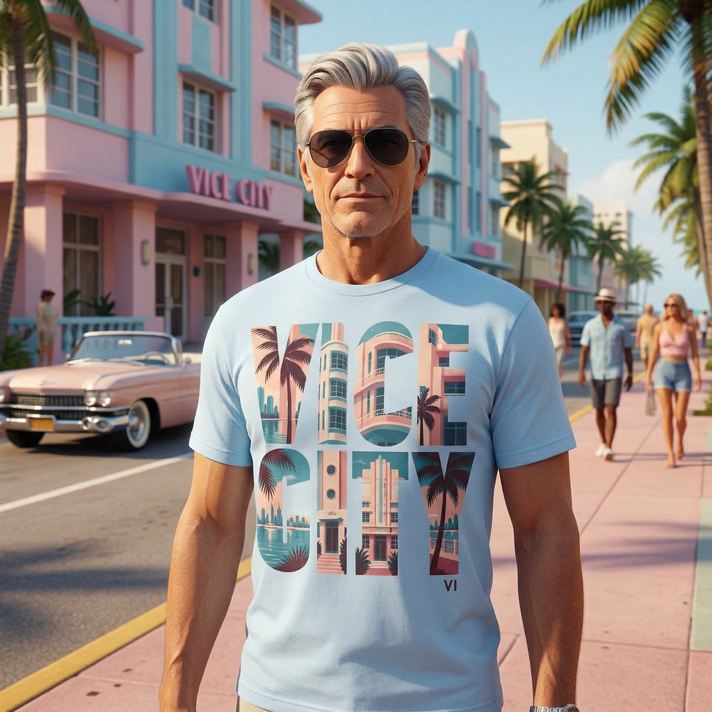 Vice City Deco Type T-shirt — worn in game-style scene