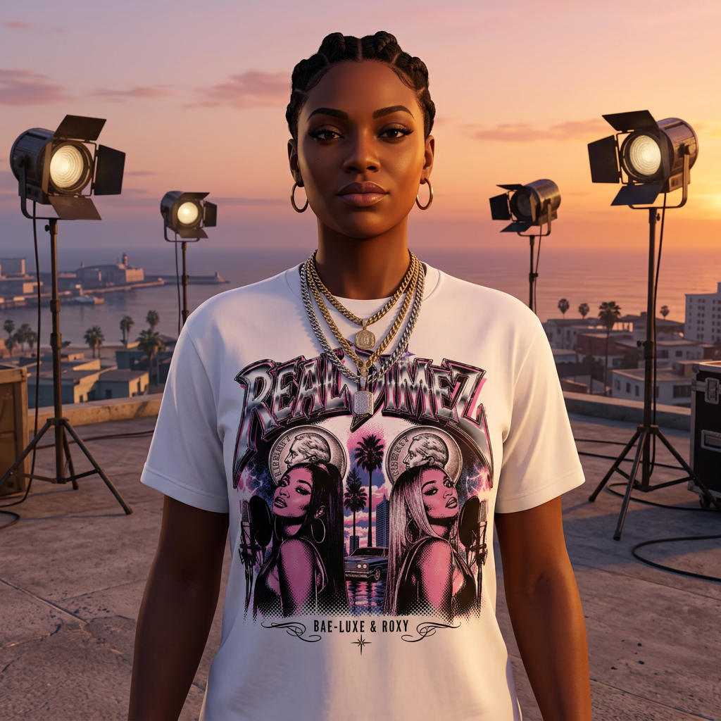 Real Dimez Duo T-shirt — worn in game-style scene