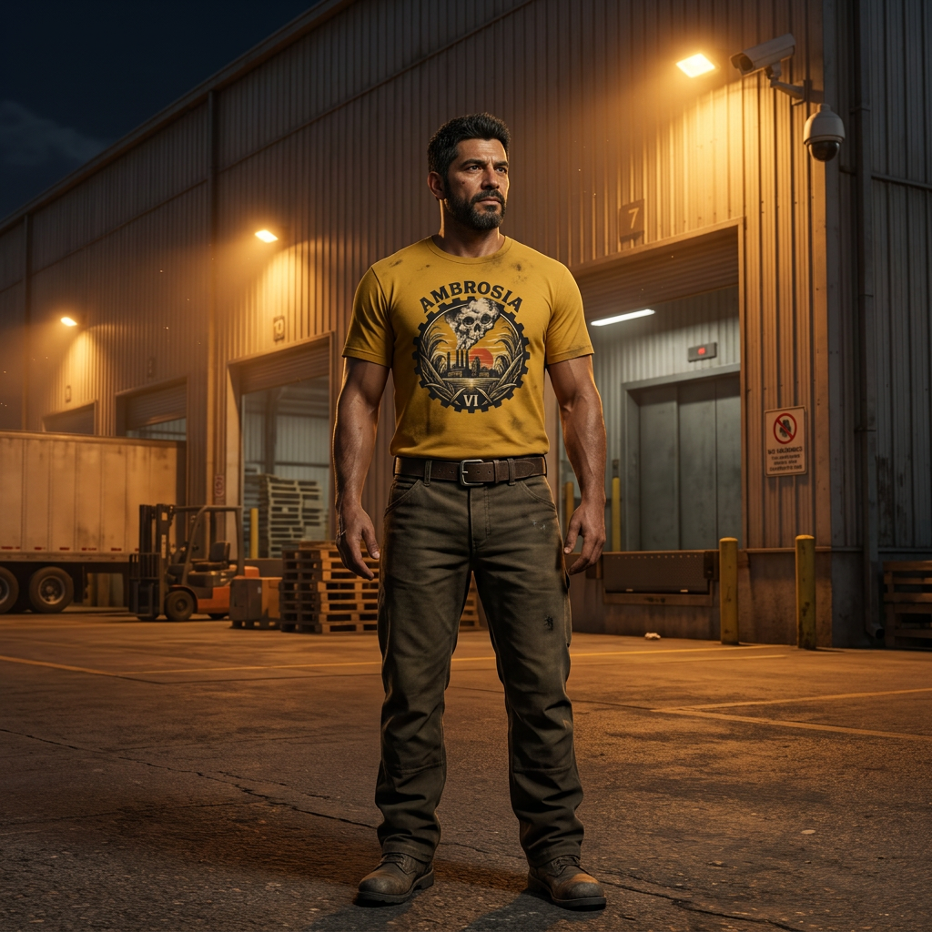 Ambrosia Shift T-shirt — worn in game-style scene