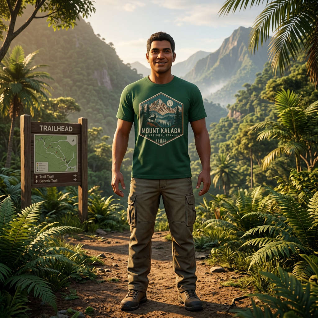 Kalaga Park Patch T-shirt — worn in game-style scene