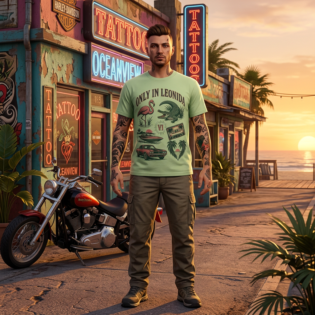 Leonida Tattoo Flash T-shirt — worn in game-style scene