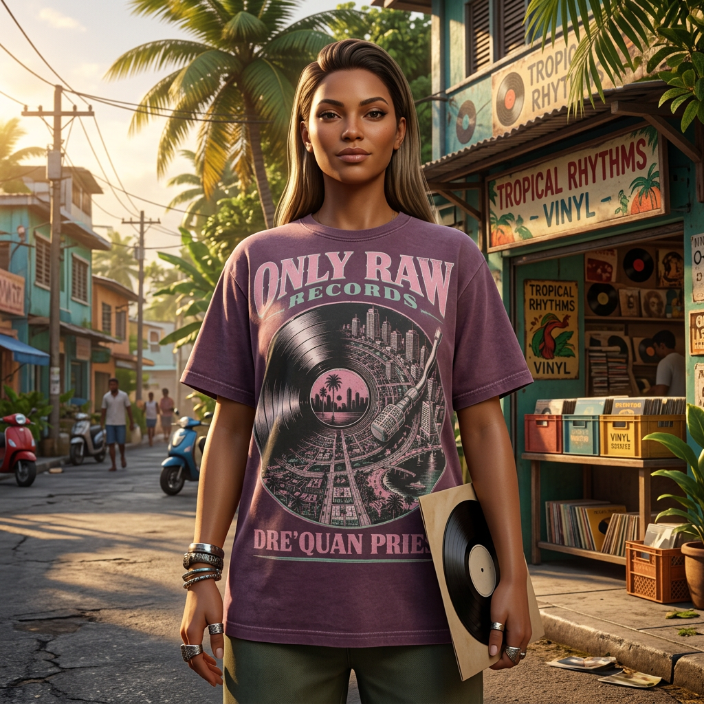 Only Raw Vinyl T-shirt — worn in game-style scene