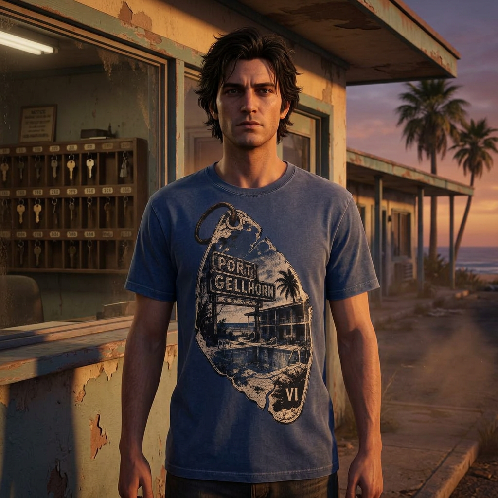 Gellhorn Motel Key T-shirt — worn in game-style scene