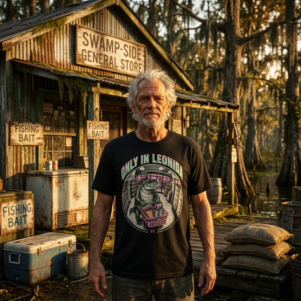 Gator Grocery T-shirt — worn in game-style scene