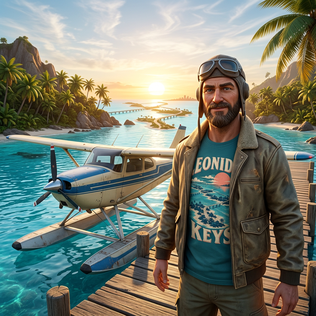 Keys Island Hopper T-shirt — worn in game-style scene