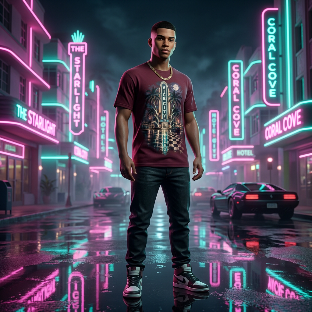 Neon Hotel T-shirt — worn in game-style scene