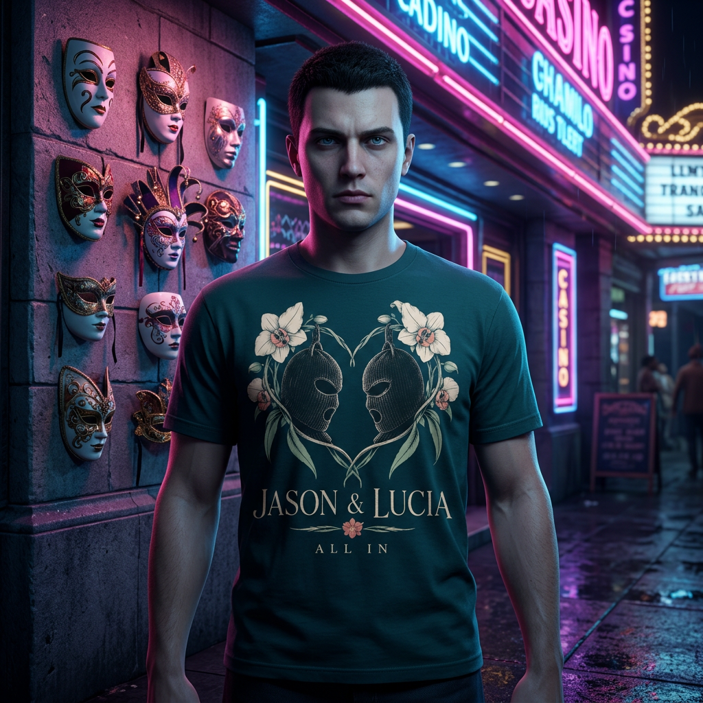 All In Masks T-shirt — worn in game-style scene