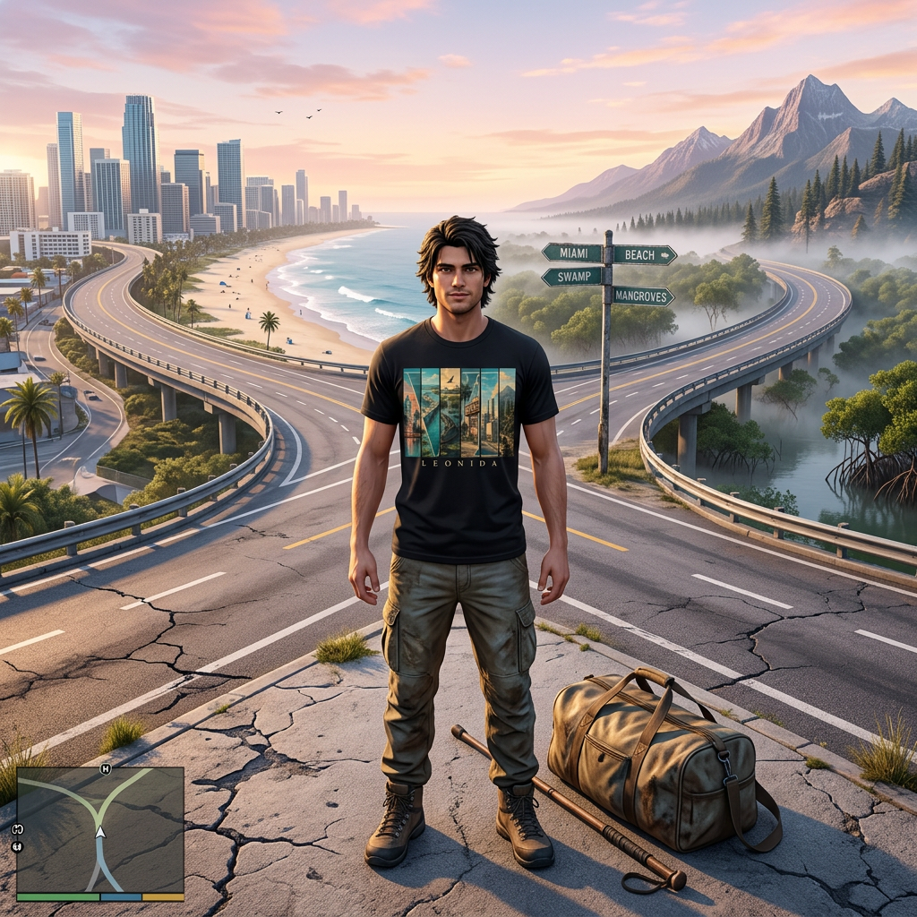Six Sides Of Leonida T-shirt — worn in game-style scene
